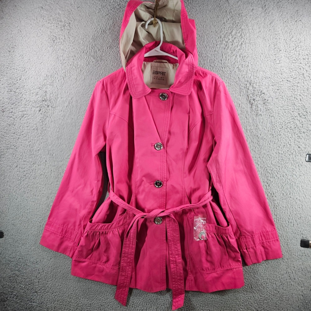 Esprit Womens Pink Hooded Trench Coat Belted Rain Jacket XL